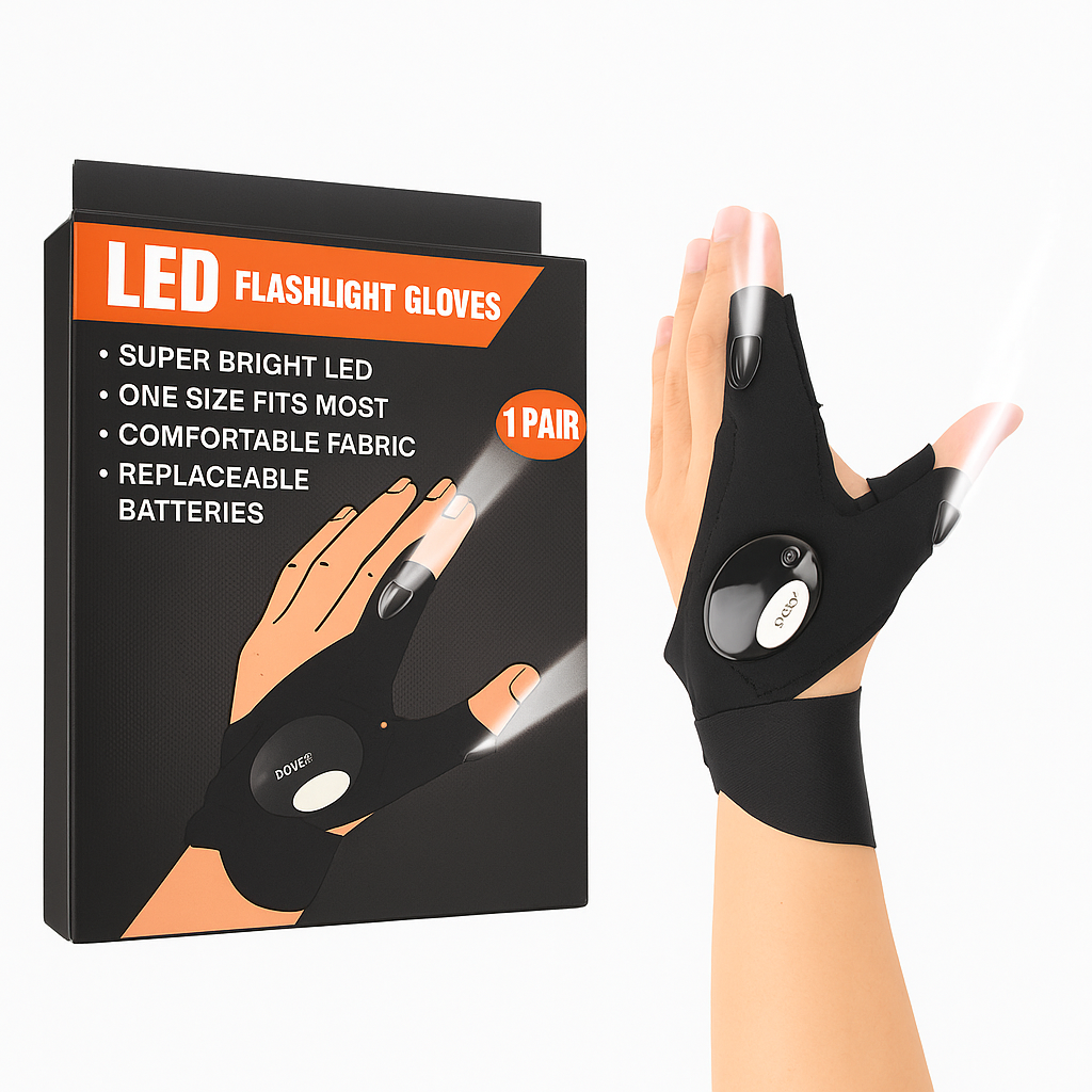 כפפת חצי אצבע עם פנס LED לגברים ולנשים, כפפה עמידה למים לפעילויות חוץ כמו דיג לילה, רכיבה וריצה, עשויה בד נוח עם פנס בהיר וסוללות מתחלפות